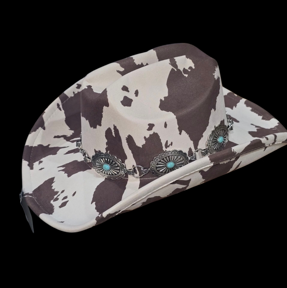 ILLUMA Cow Print Western Conch Hat with Turquoise Accents